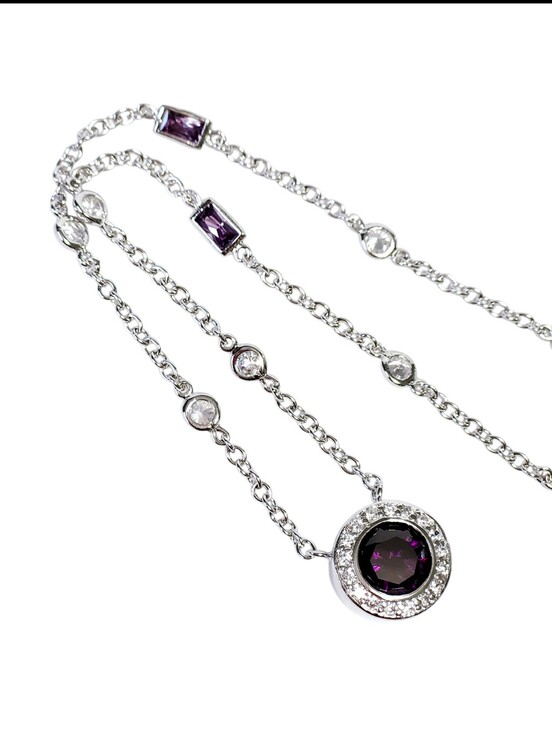 Jewelry - Sterling Silver Amethyst cz Pendant Stationery Necklace 16"
